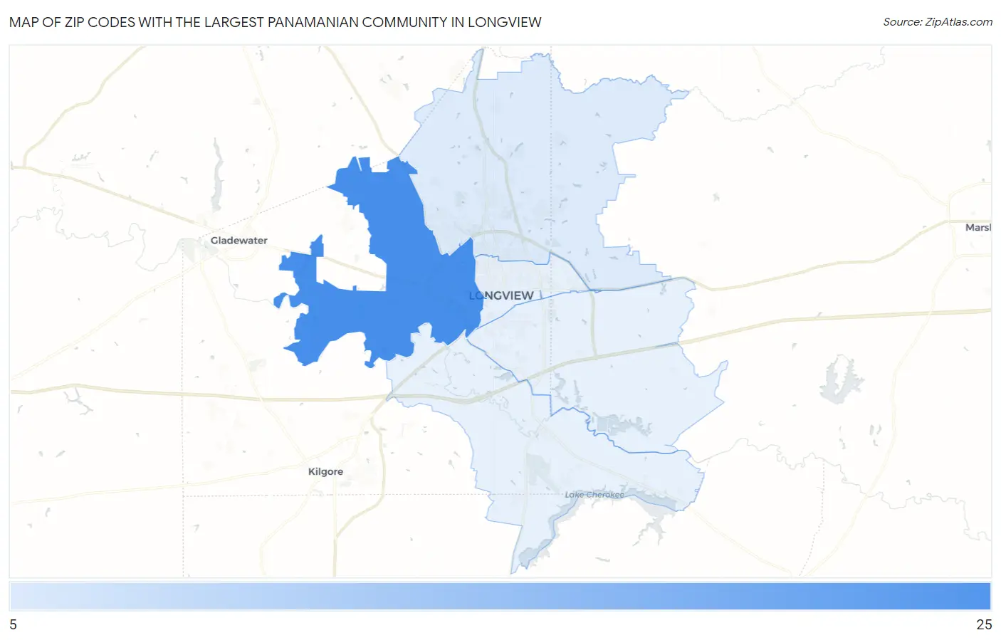 Zip Codes with the Largest Panamanian Community in Longview Map