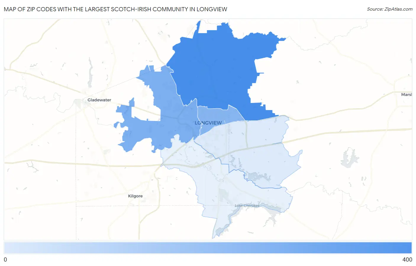 Zip Codes with the Largest Scotch-Irish Community in Longview Map