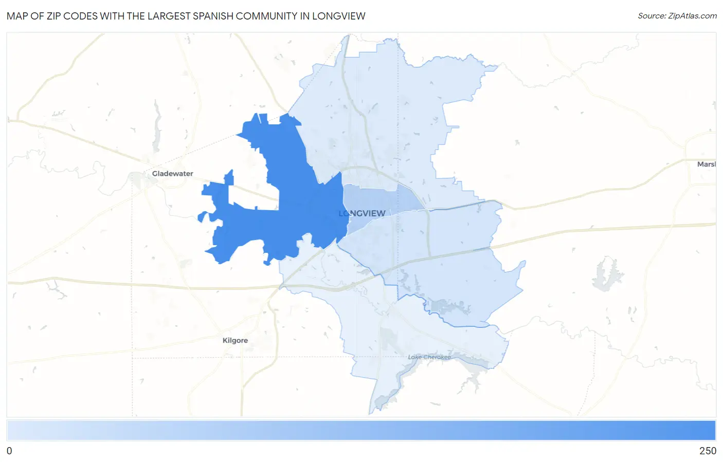 Zip Codes with the Largest Spanish Community in Longview Map