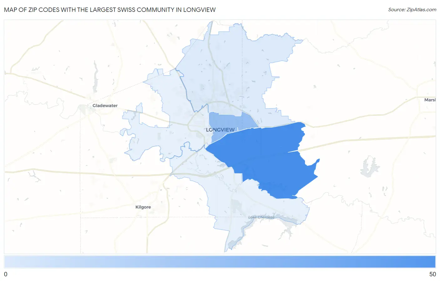 Zip Codes with the Largest Swiss Community in Longview Map