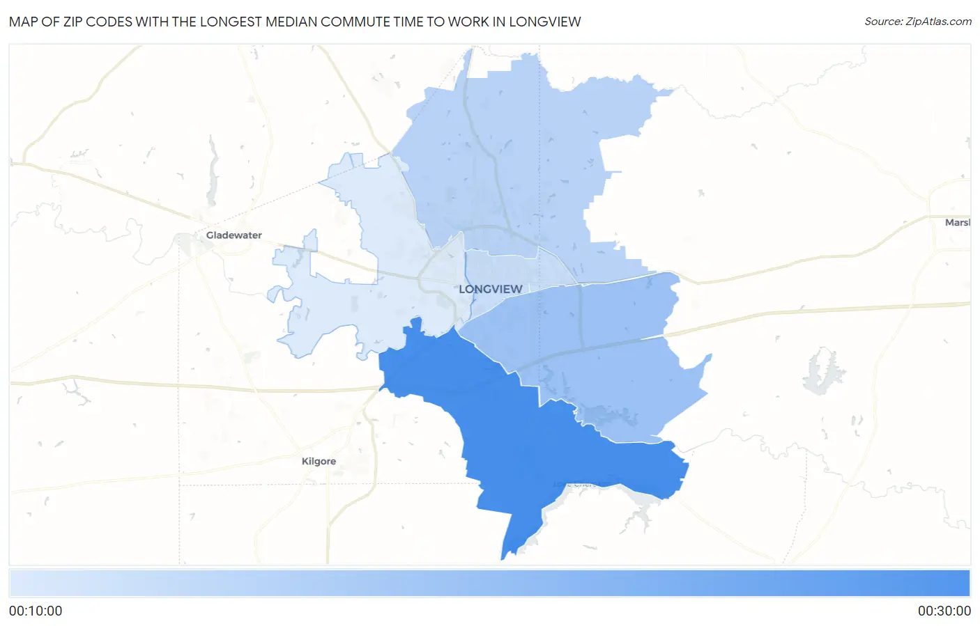 Zip Codes with the Longest Median Commute Time to Work in Longview Map