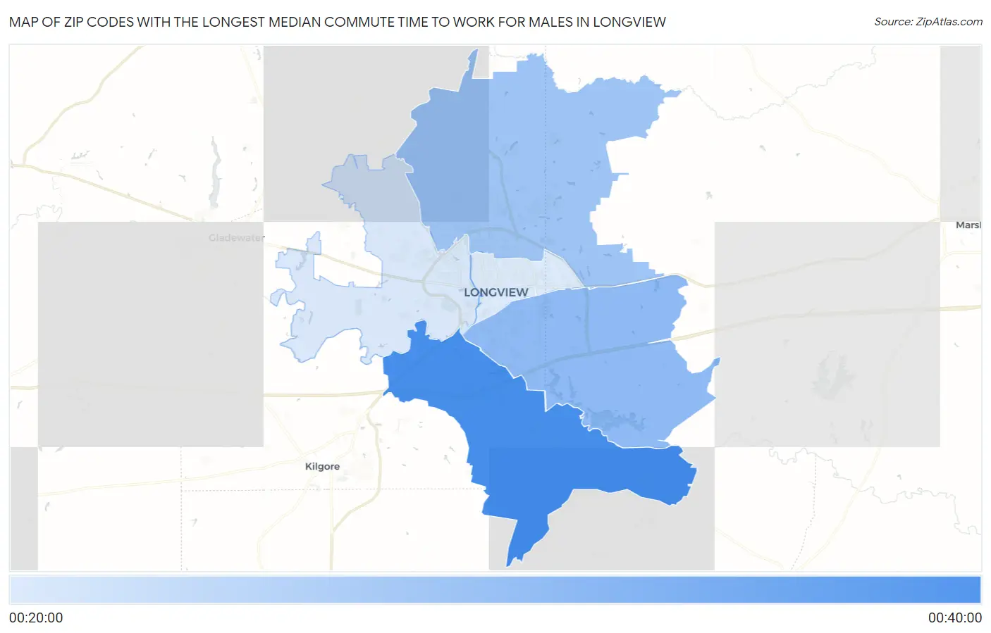 Zip Codes with the Longest Median Commute Time to Work for Males in Longview Map
