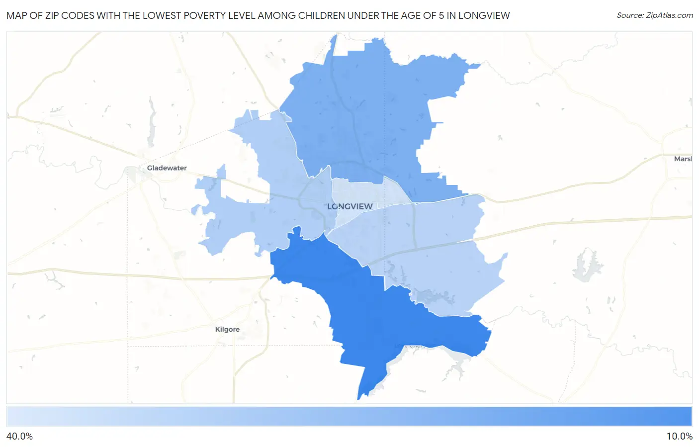 Zip Codes with the Lowest Poverty Level Among Children Under the Age of 5 in Longview Map