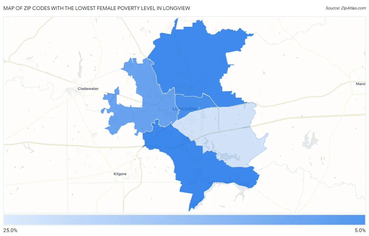 Zip Codes with the Lowest Female Poverty Level in Longview Map