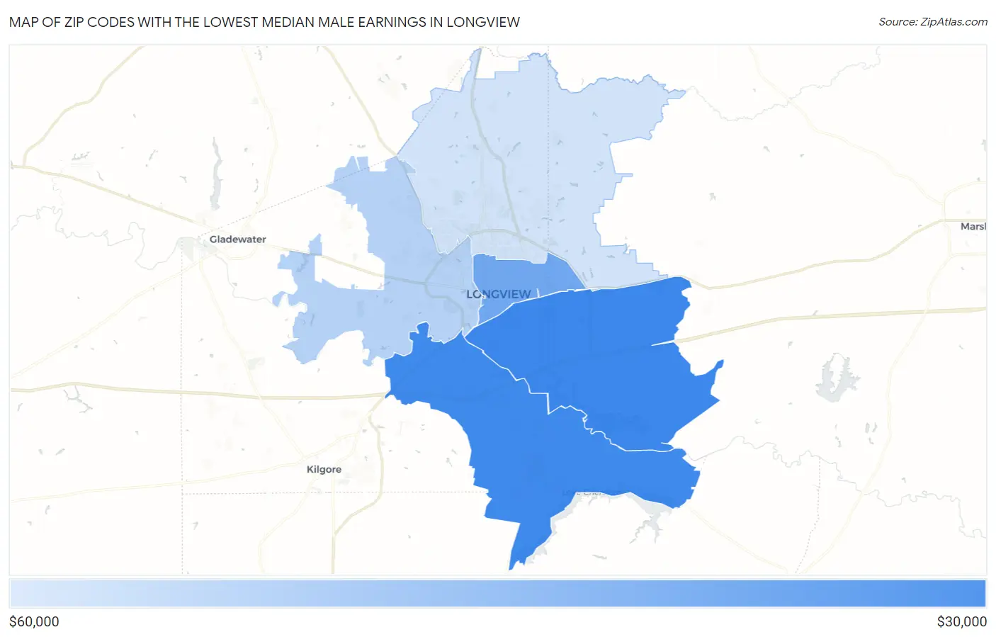Zip Codes with the Lowest Median Male Earnings in Longview Map