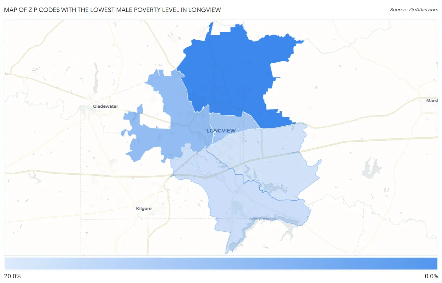 Zip Codes with the Lowest Male Poverty Level in Longview Map