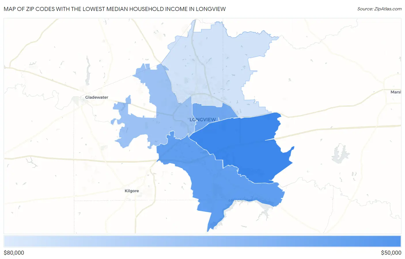 Zip Codes with the Lowest Median Household Income in Longview Map