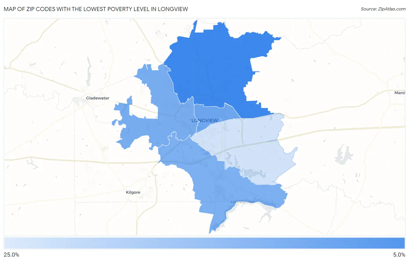 Zip Codes with the Lowest Poverty Level in Longview Map