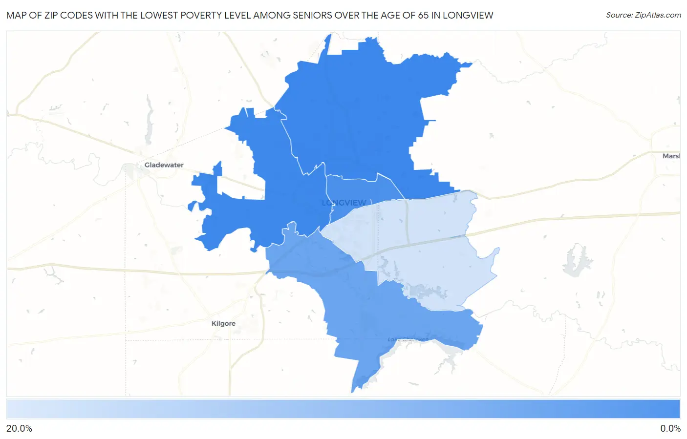 Zip Codes with the Lowest Poverty Level Among Seniors Over the Age of 65 in Longview Map