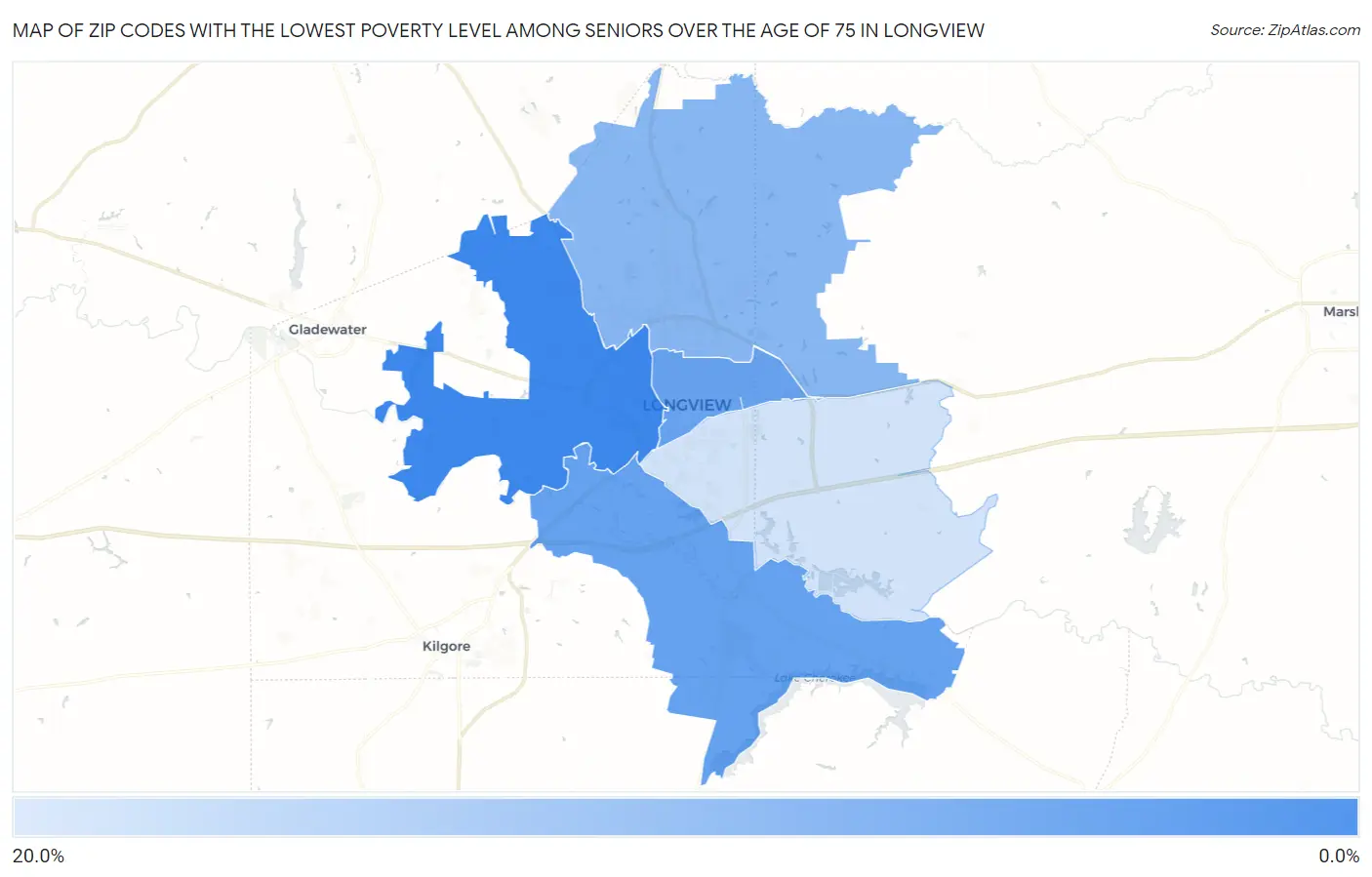 Zip Codes with the Lowest Poverty Level Among Seniors Over the Age of 75 in Longview Map