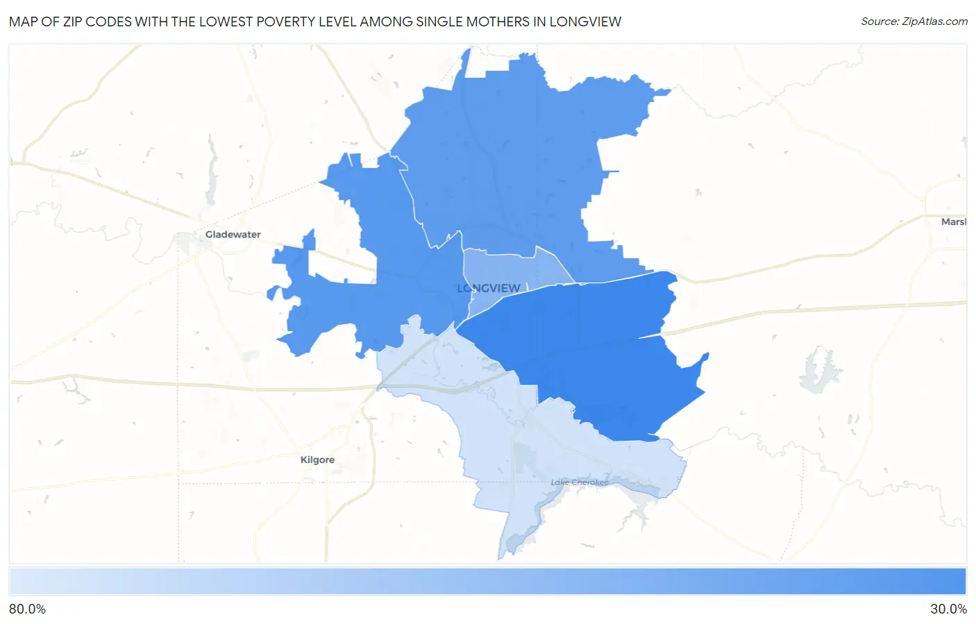 Zip Codes with the Lowest Poverty Level Among Single Mothers in Longview Map