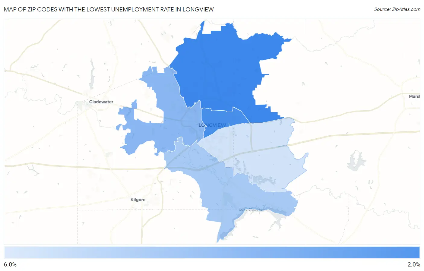 Zip Codes with the Lowest Unemployment Rate in Longview Map