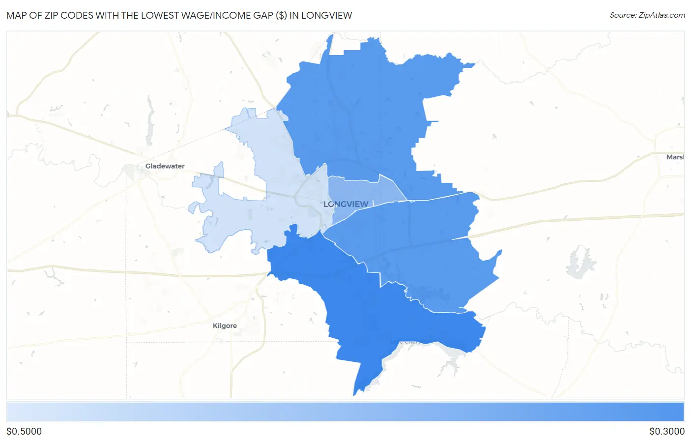 Zip Codes with the Lowest Wage/Income Gap ($) in Longview Map