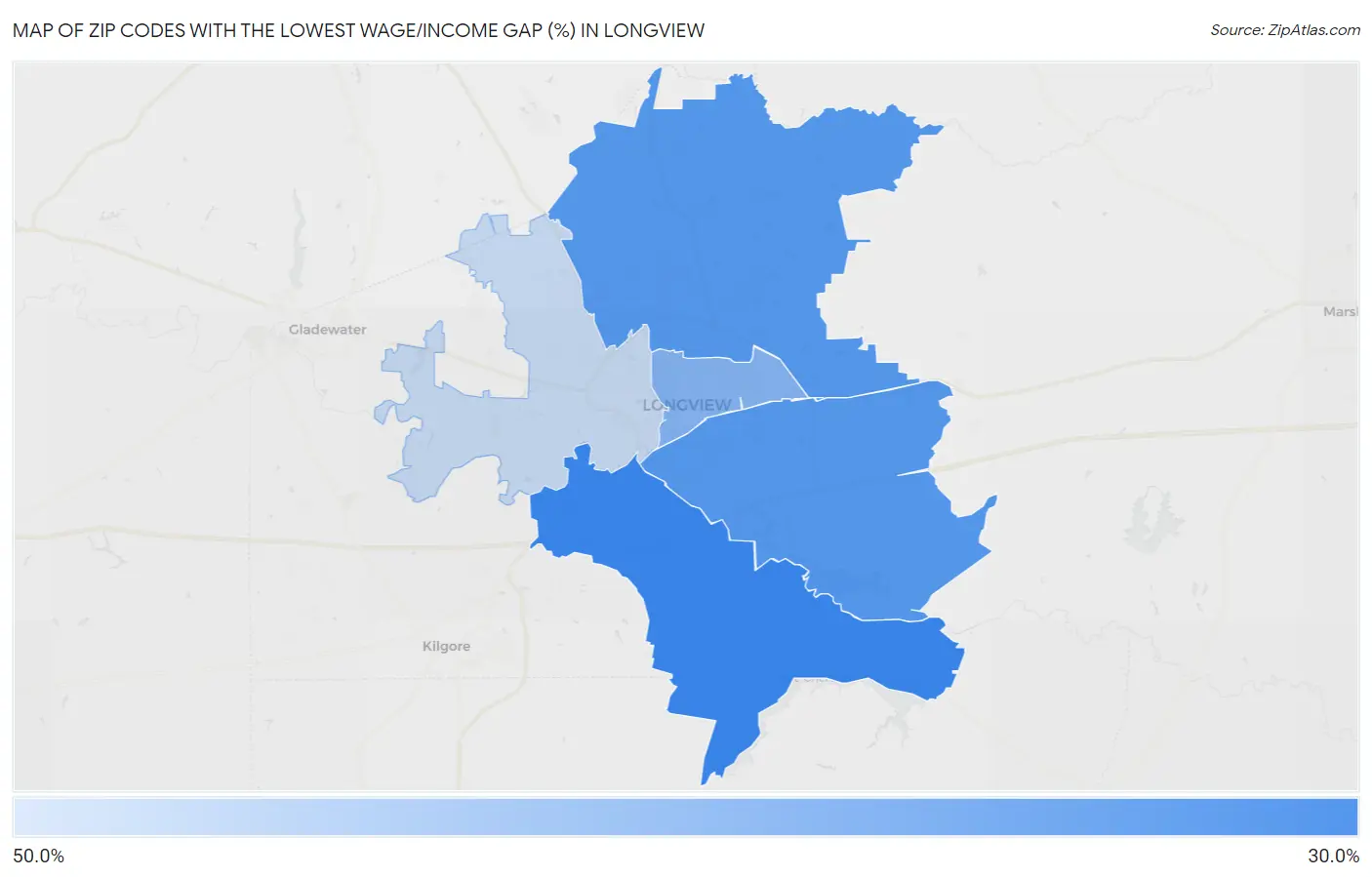 Zip Codes with the Lowest Wage/Income Gap (%) in Longview Map