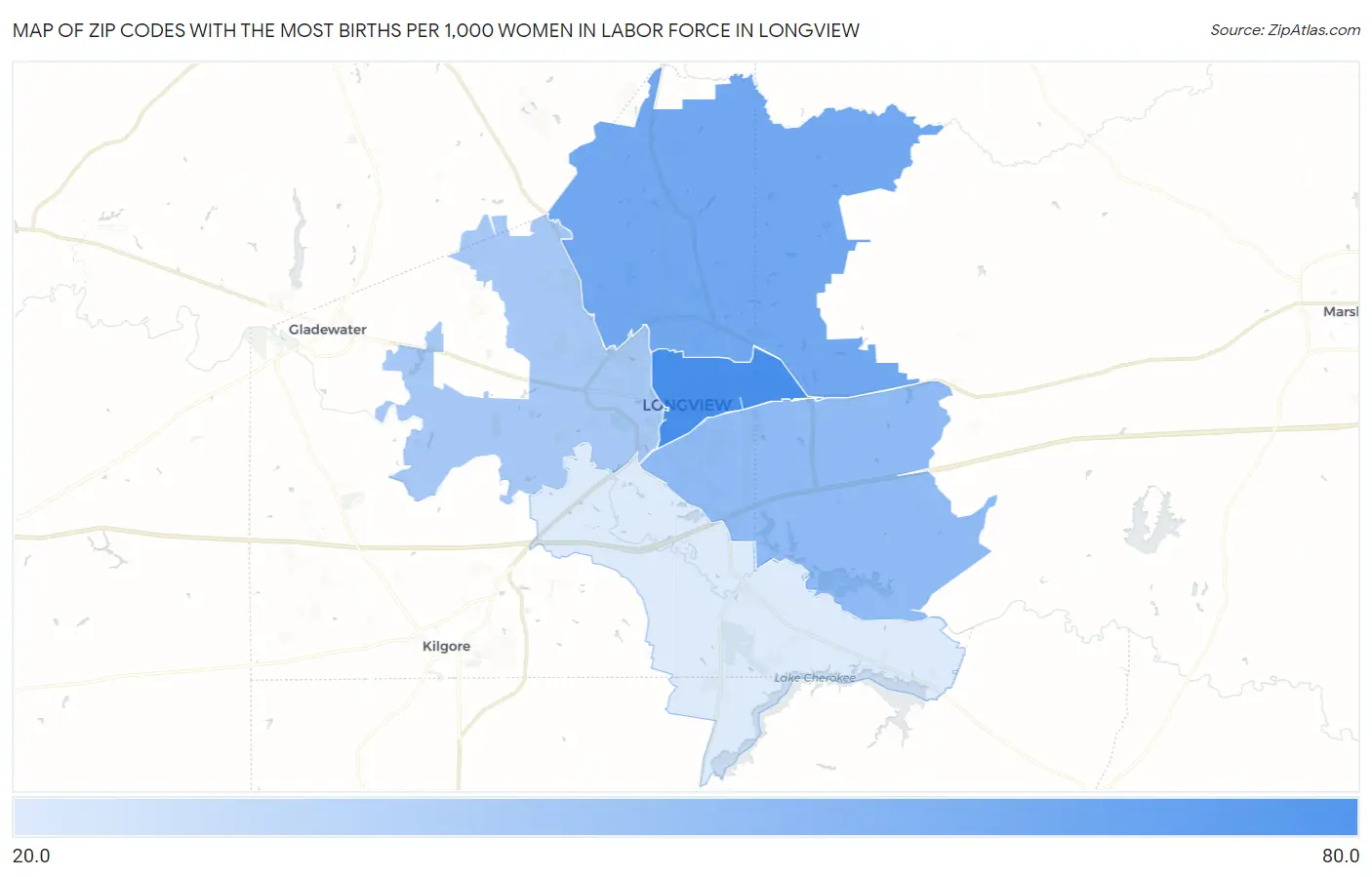 Zip Codes with the Most Births per 1,000 Women in Labor Force in Longview Map