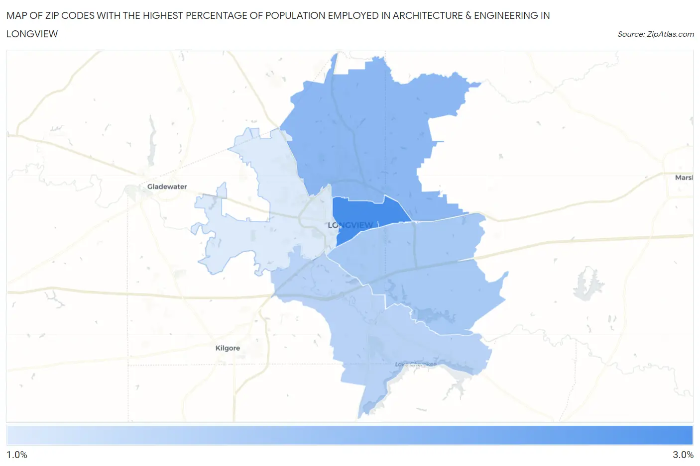 Zip Codes with the Highest Percentage of Population Employed in Architecture & Engineering in Longview Map
