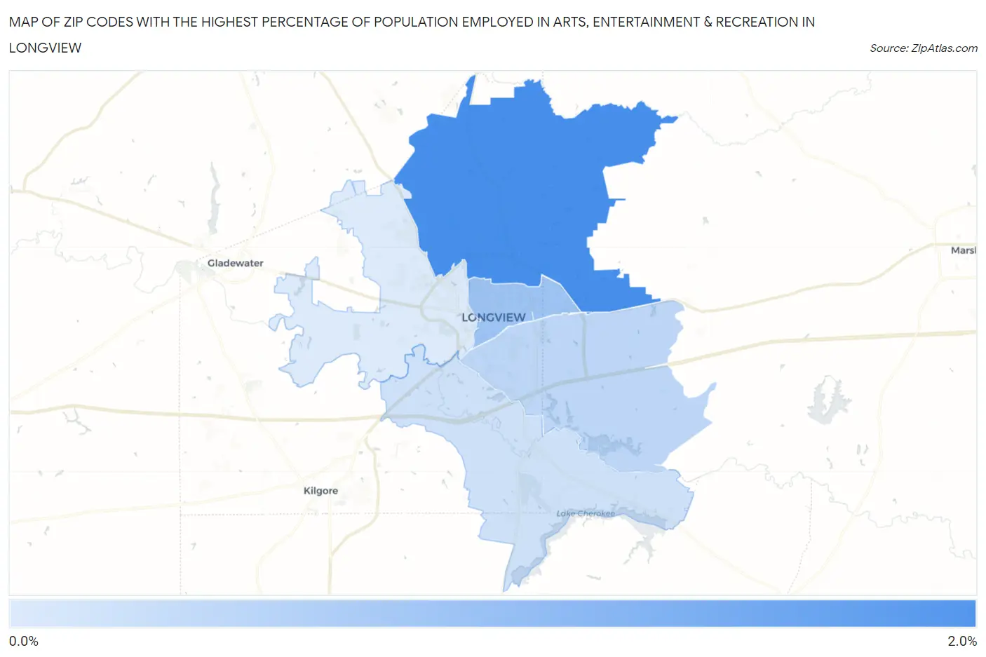 Zip Codes with the Highest Percentage of Population Employed in Arts, Entertainment & Recreation in Longview Map