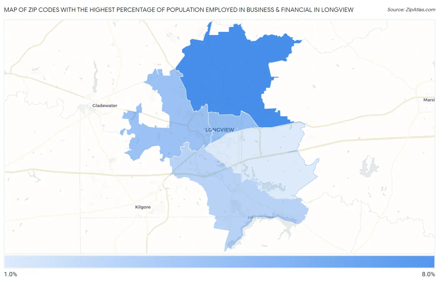 Zip Codes with the Highest Percentage of Population Employed in Business & Financial in Longview Map