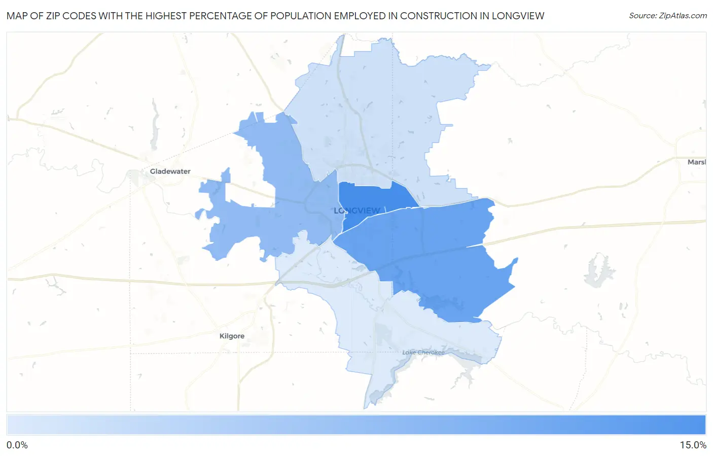 Zip Codes with the Highest Percentage of Population Employed in Construction in Longview Map