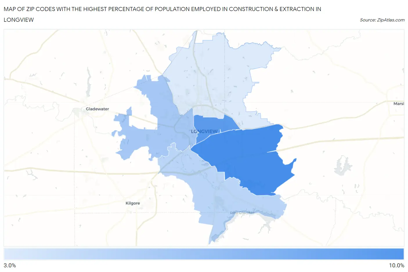 Zip Codes with the Highest Percentage of Population Employed in Construction & Extraction in Longview Map