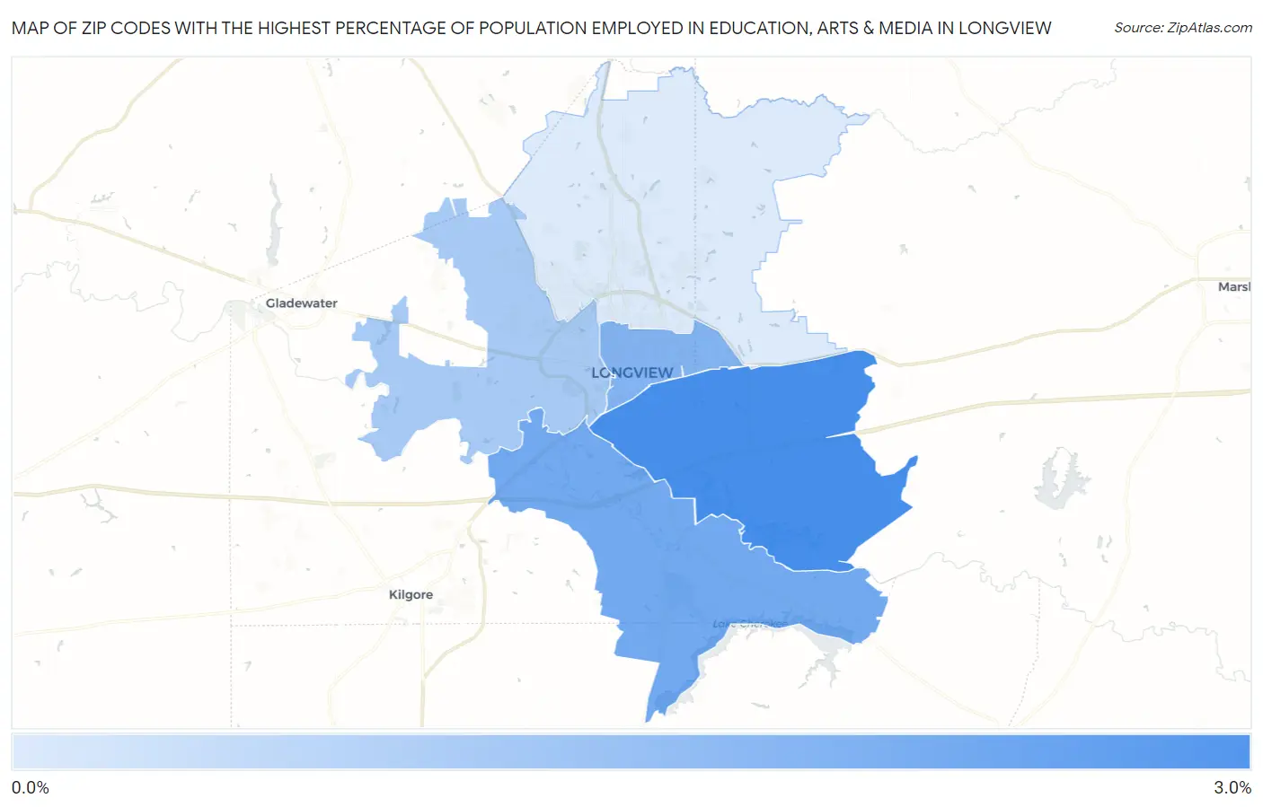 Zip Codes with the Highest Percentage of Population Employed in Education, Arts & Media in Longview Map