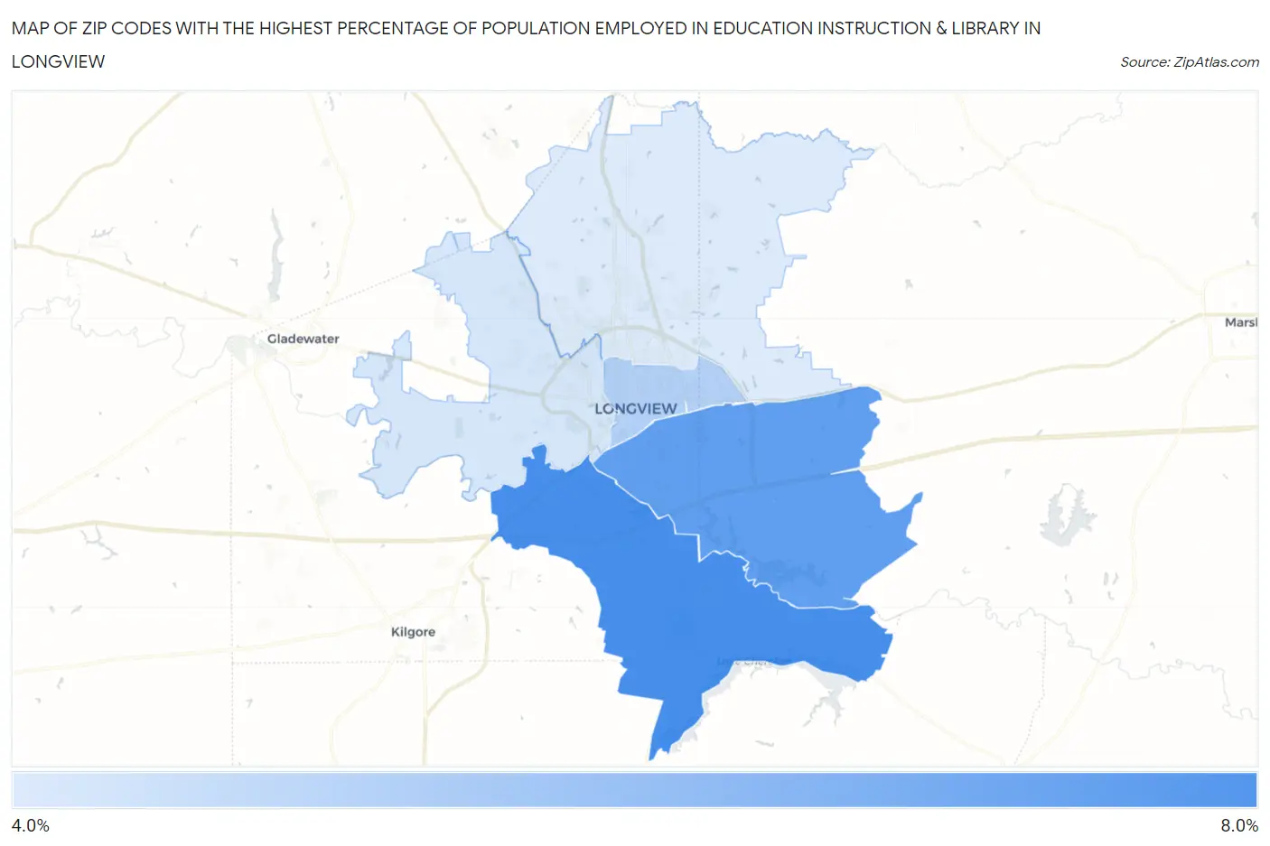 Zip Codes with the Highest Percentage of Population Employed in Education Instruction & Library in Longview Map