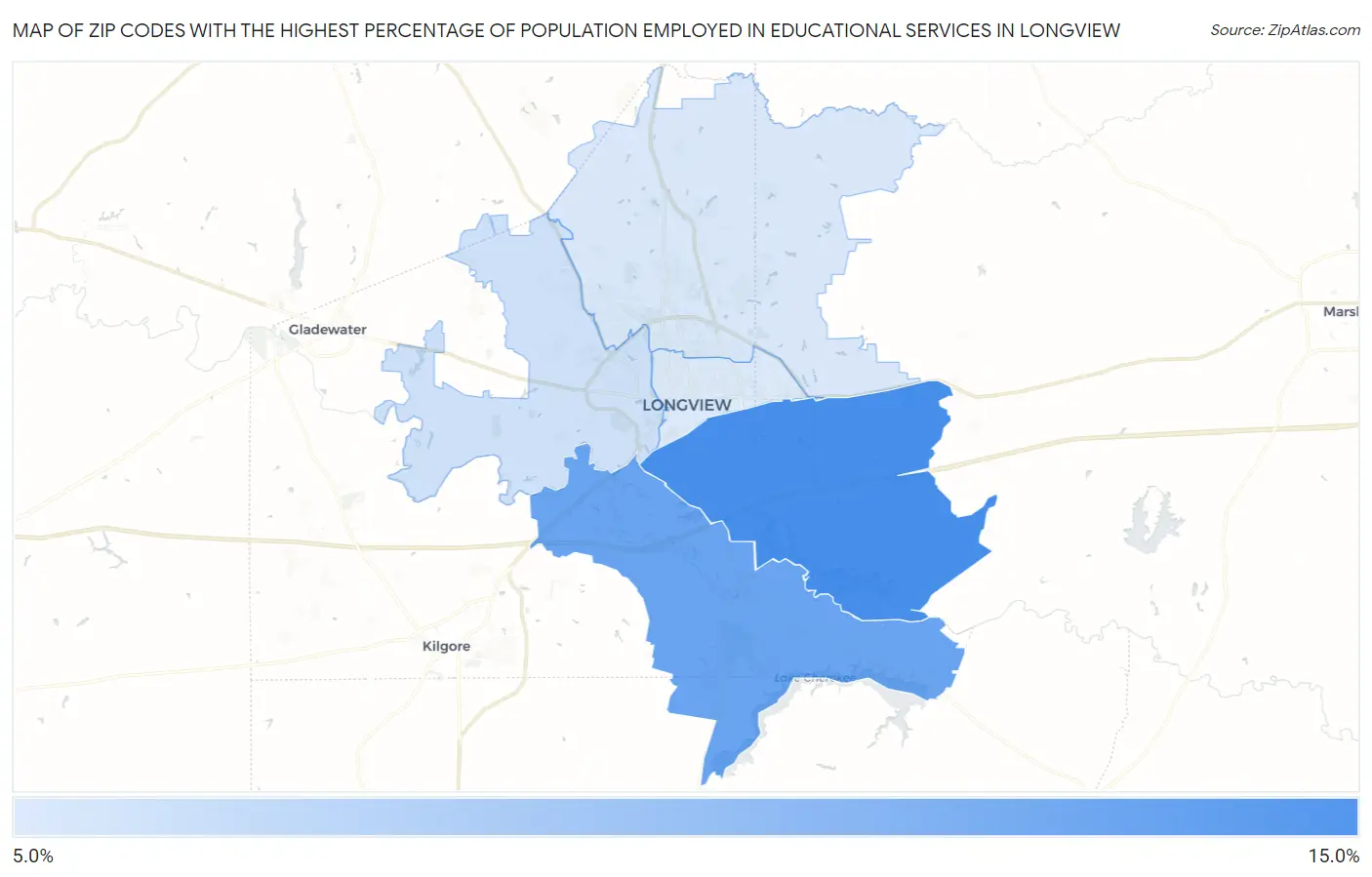 Zip Codes with the Highest Percentage of Population Employed in Educational Services in Longview Map