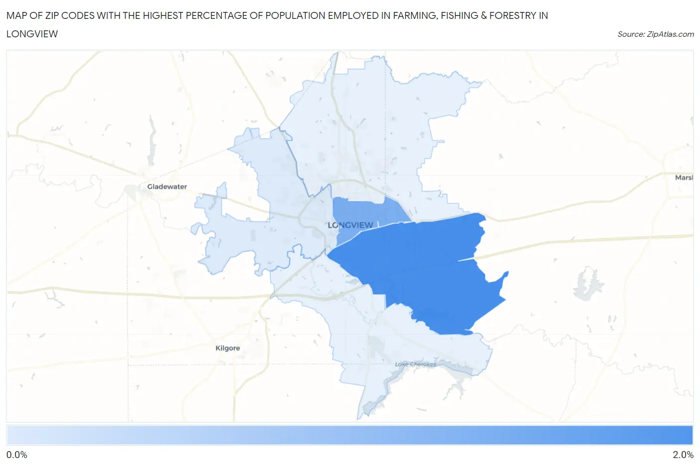 Zip Codes with the Highest Percentage of Population Employed in Farming, Fishing & Forestry in Longview Map
