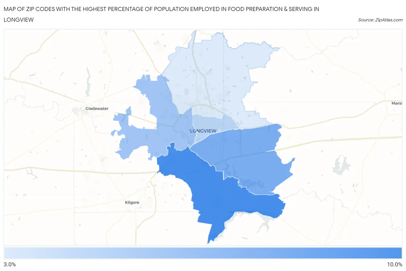 Zip Codes with the Highest Percentage of Population Employed in Food Preparation & Serving in Longview Map