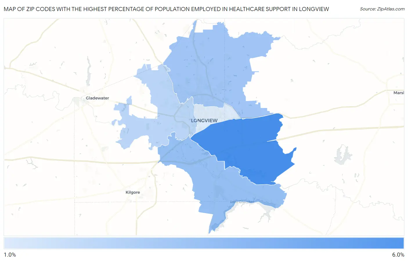 Zip Codes with the Highest Percentage of Population Employed in Healthcare Support in Longview Map