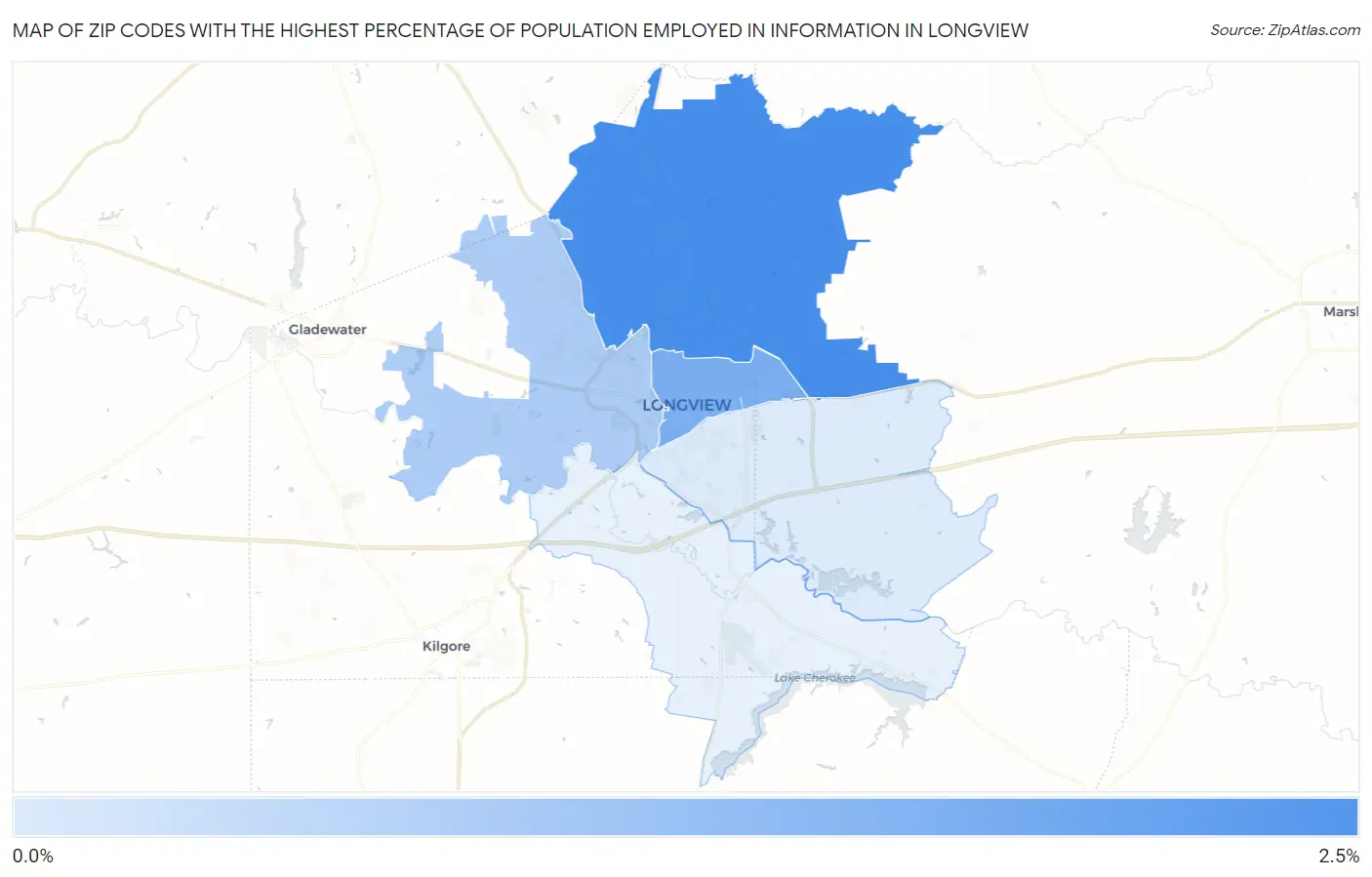 Zip Codes with the Highest Percentage of Population Employed in Information in Longview Map