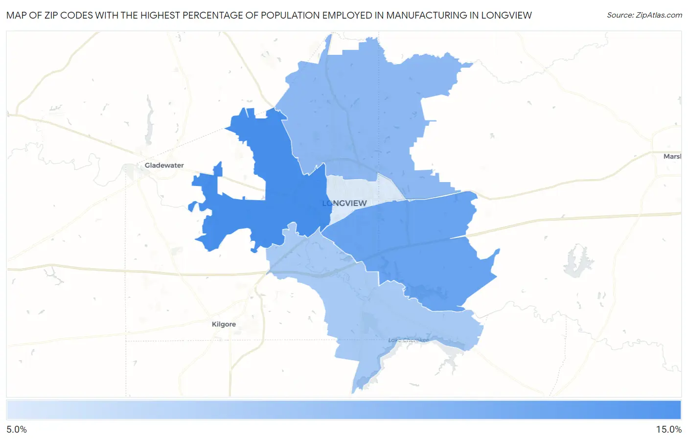 Zip Codes with the Highest Percentage of Population Employed in Manufacturing in Longview Map