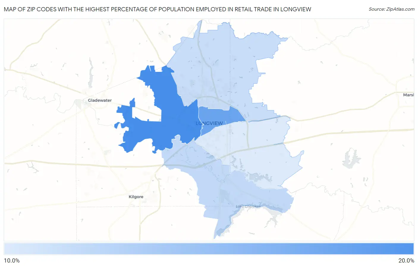 Zip Codes with the Highest Percentage of Population Employed in Retail Trade in Longview Map