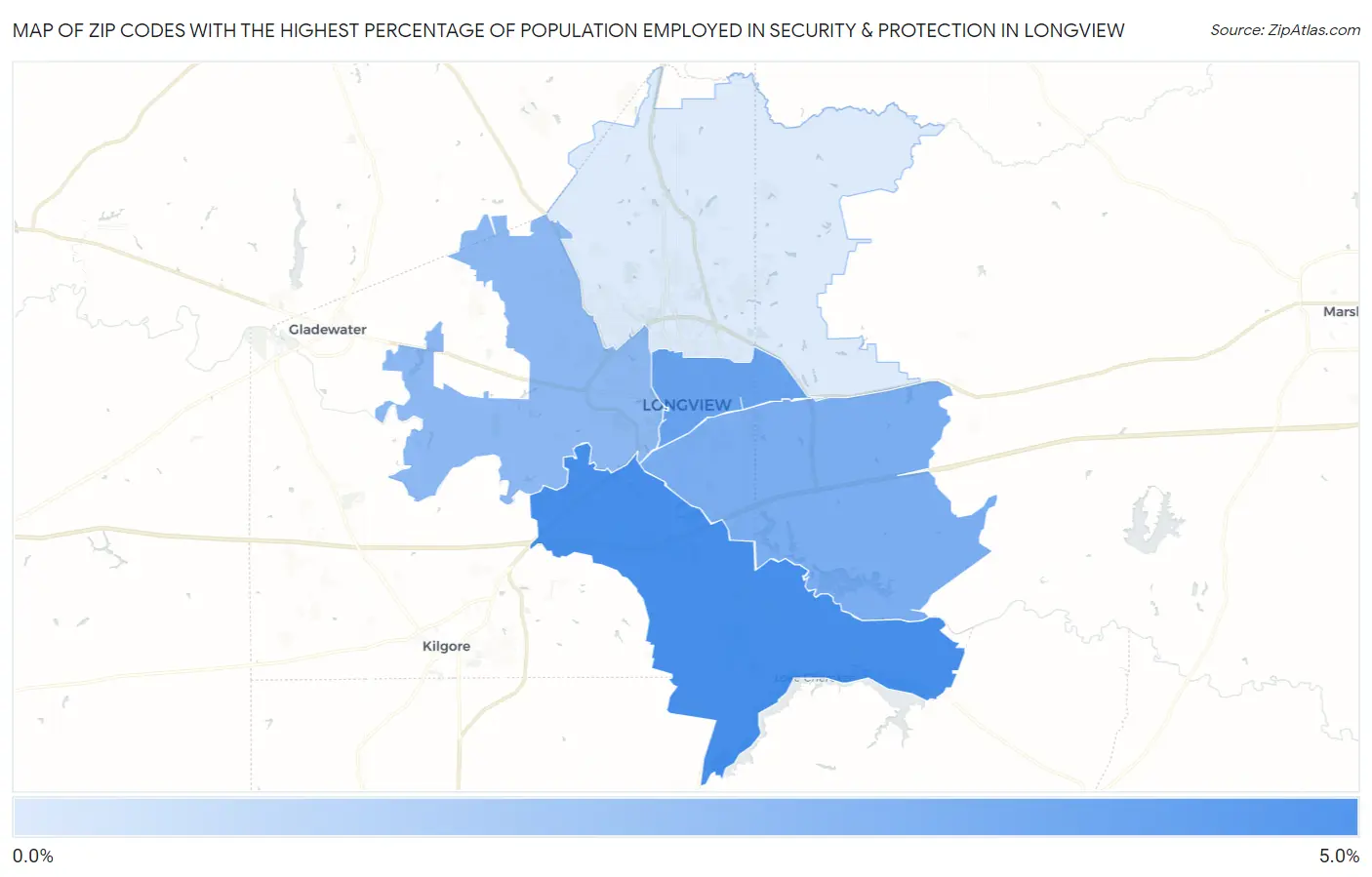 Zip Codes with the Highest Percentage of Population Employed in Security & Protection in Longview Map