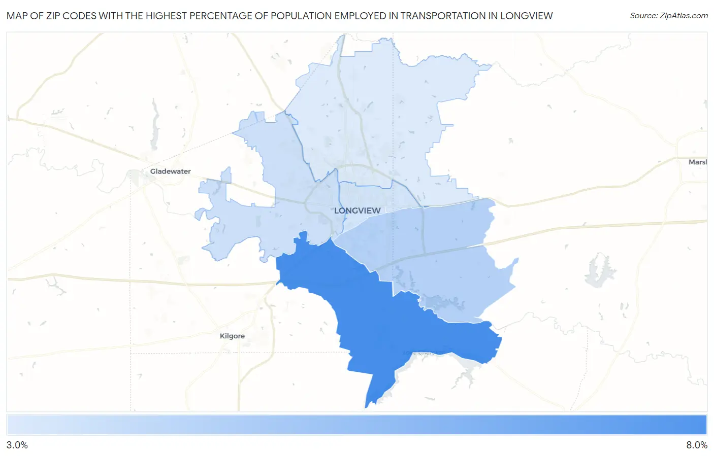 Zip Codes with the Highest Percentage of Population Employed in Transportation in Longview Map