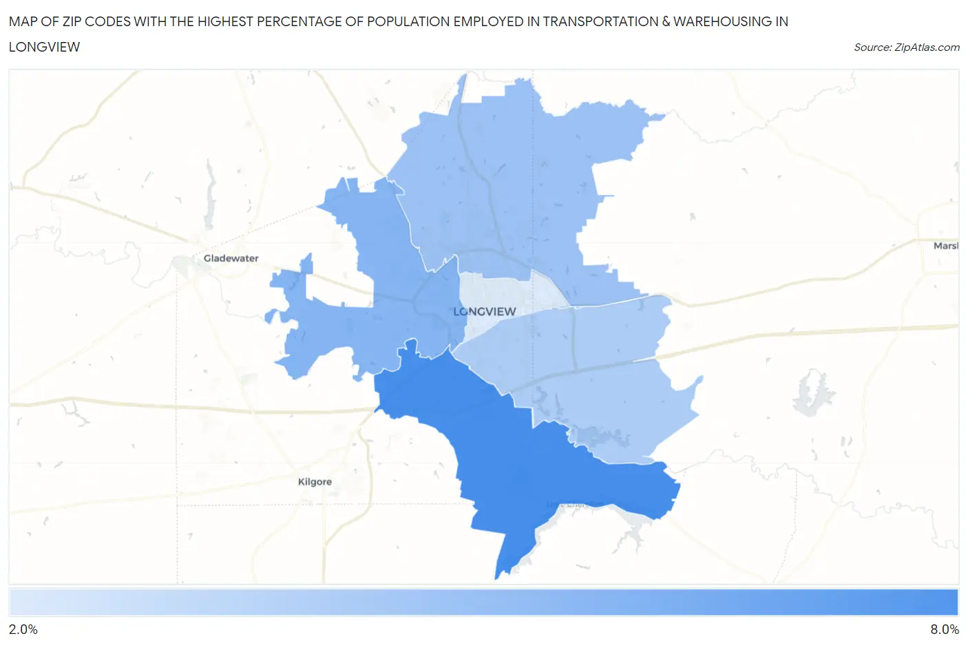Zip Codes with the Highest Percentage of Population Employed in Transportation & Warehousing in Longview Map