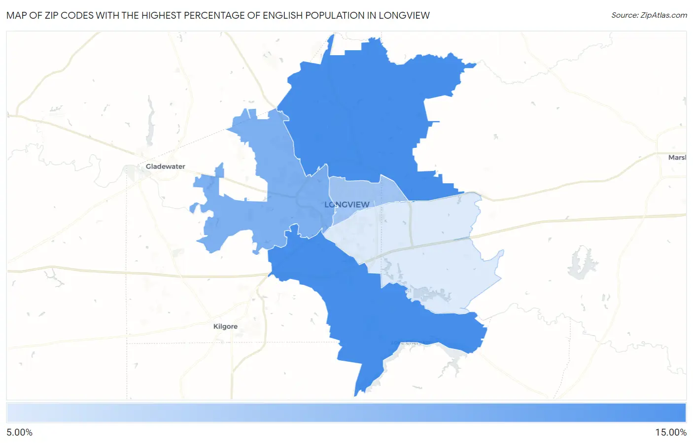 Zip Codes with the Highest Percentage of English Population in Longview Map
