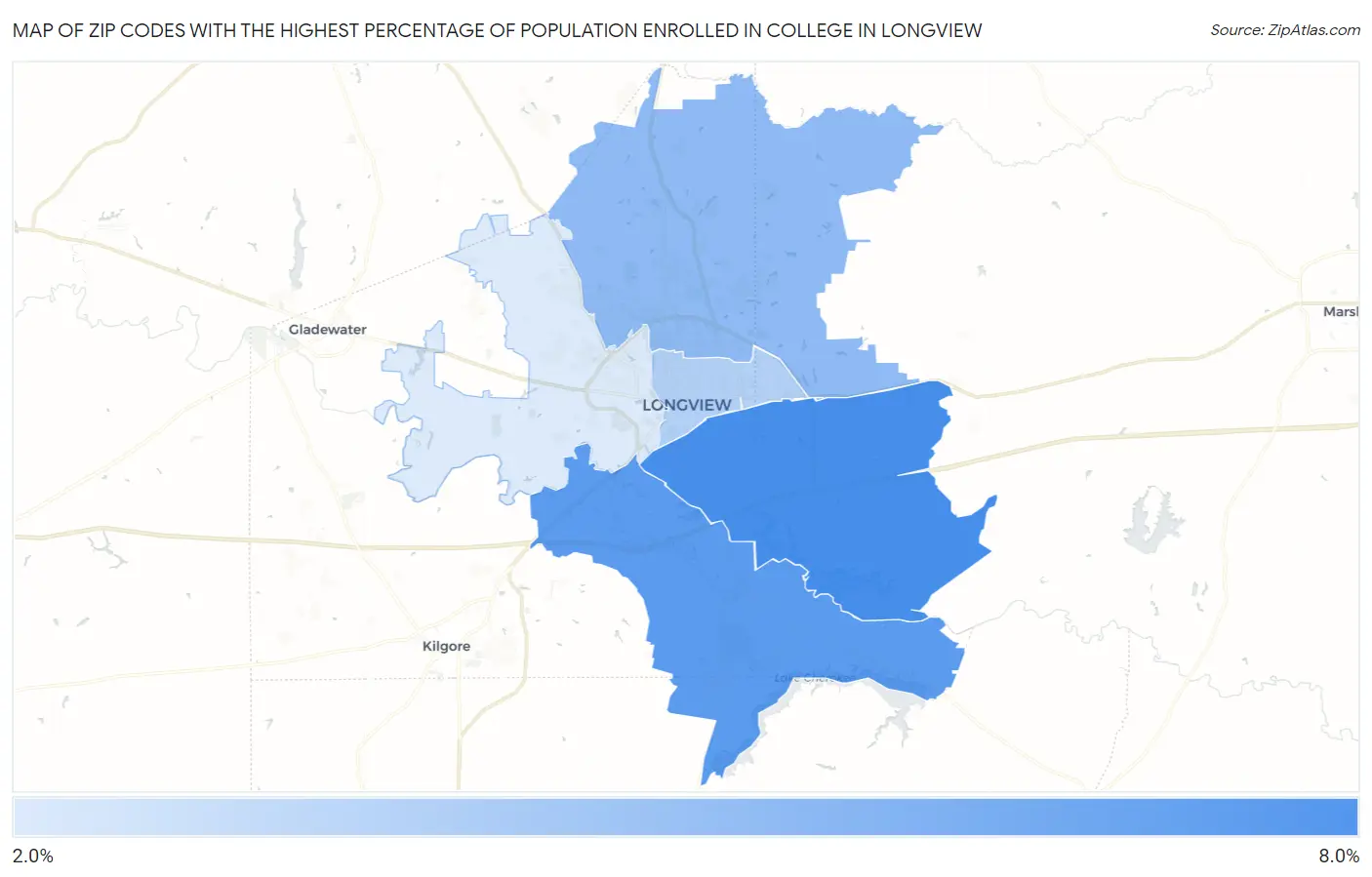 Zip Codes with the Highest Percentage of Population Enrolled in College in Longview Map