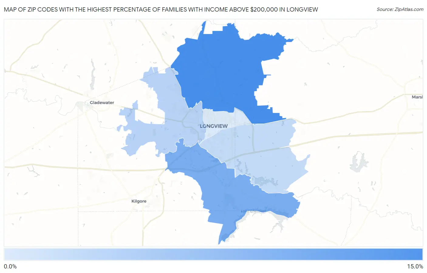 Zip Codes with the Highest Percentage of Families with Income Above $200,000 in Longview Map
