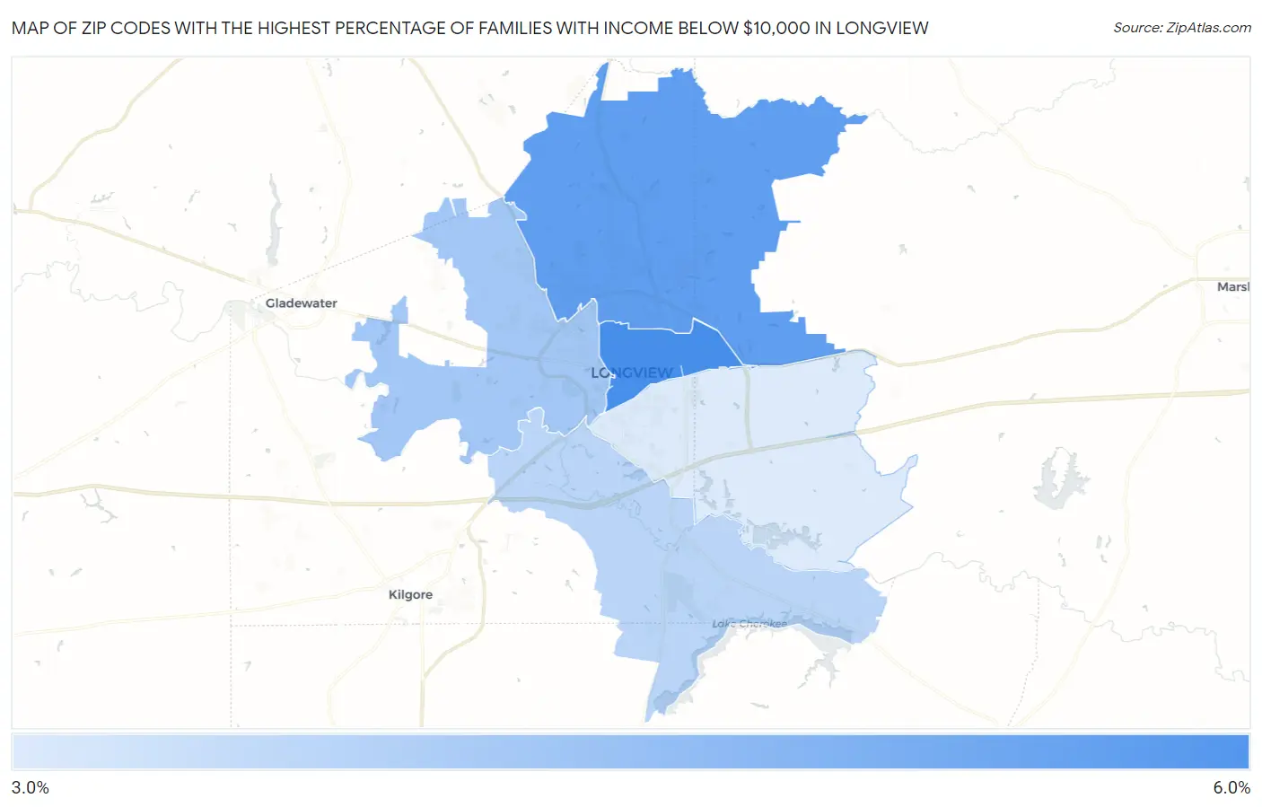 Zip Codes with the Highest Percentage of Families with Income Below $10,000 in Longview Map