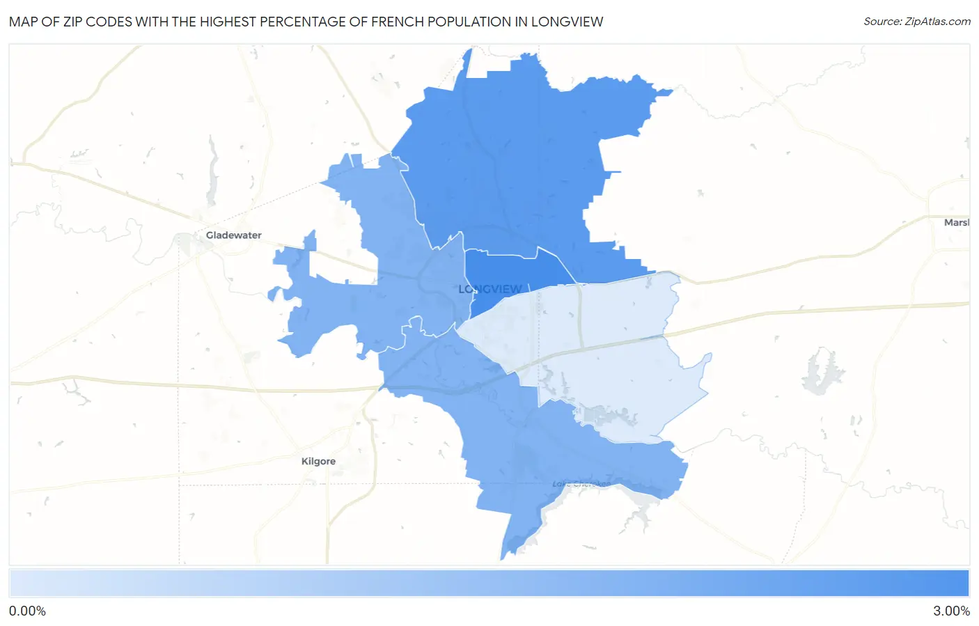Zip Codes with the Highest Percentage of French Population in Longview Map