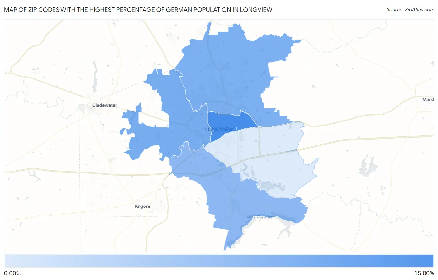 Zip Codes with the Highest Percentage of German Population in Longview Map