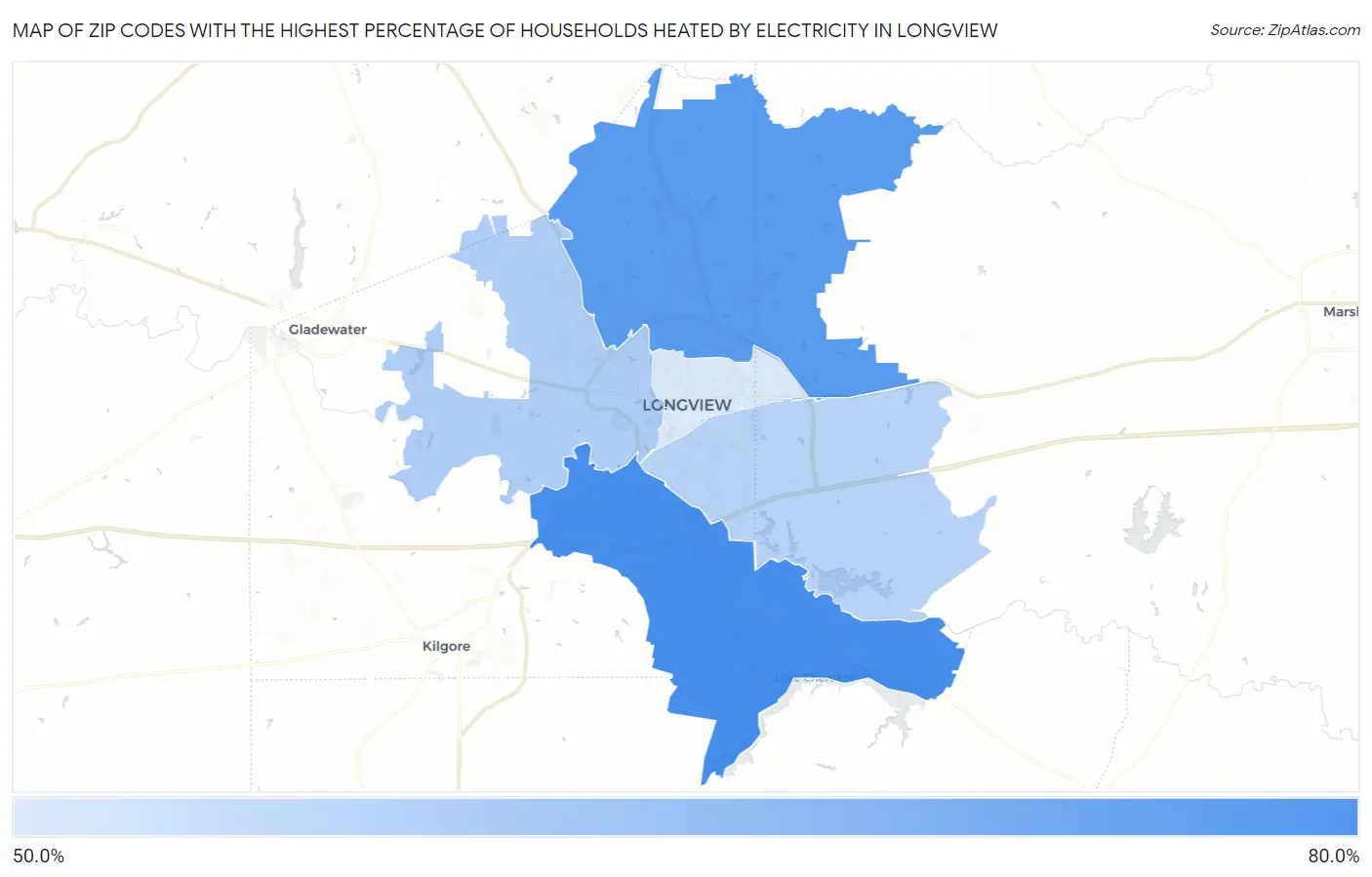 Zip Codes with the Highest Percentage of Households Heated by Electricity in Longview Map