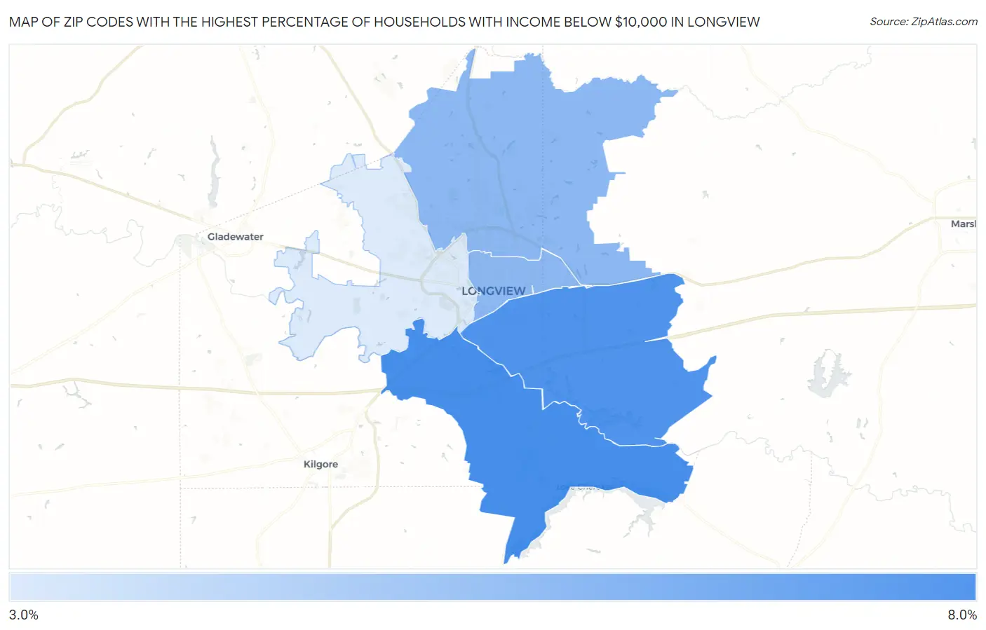Zip Codes with the Highest Percentage of Households with Income Below $10,000 in Longview Map