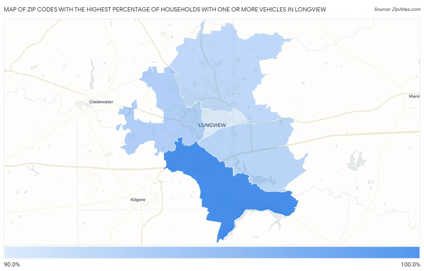 Zip Codes with the Highest Percentage of Households With One or more Vehicles in Longview Map