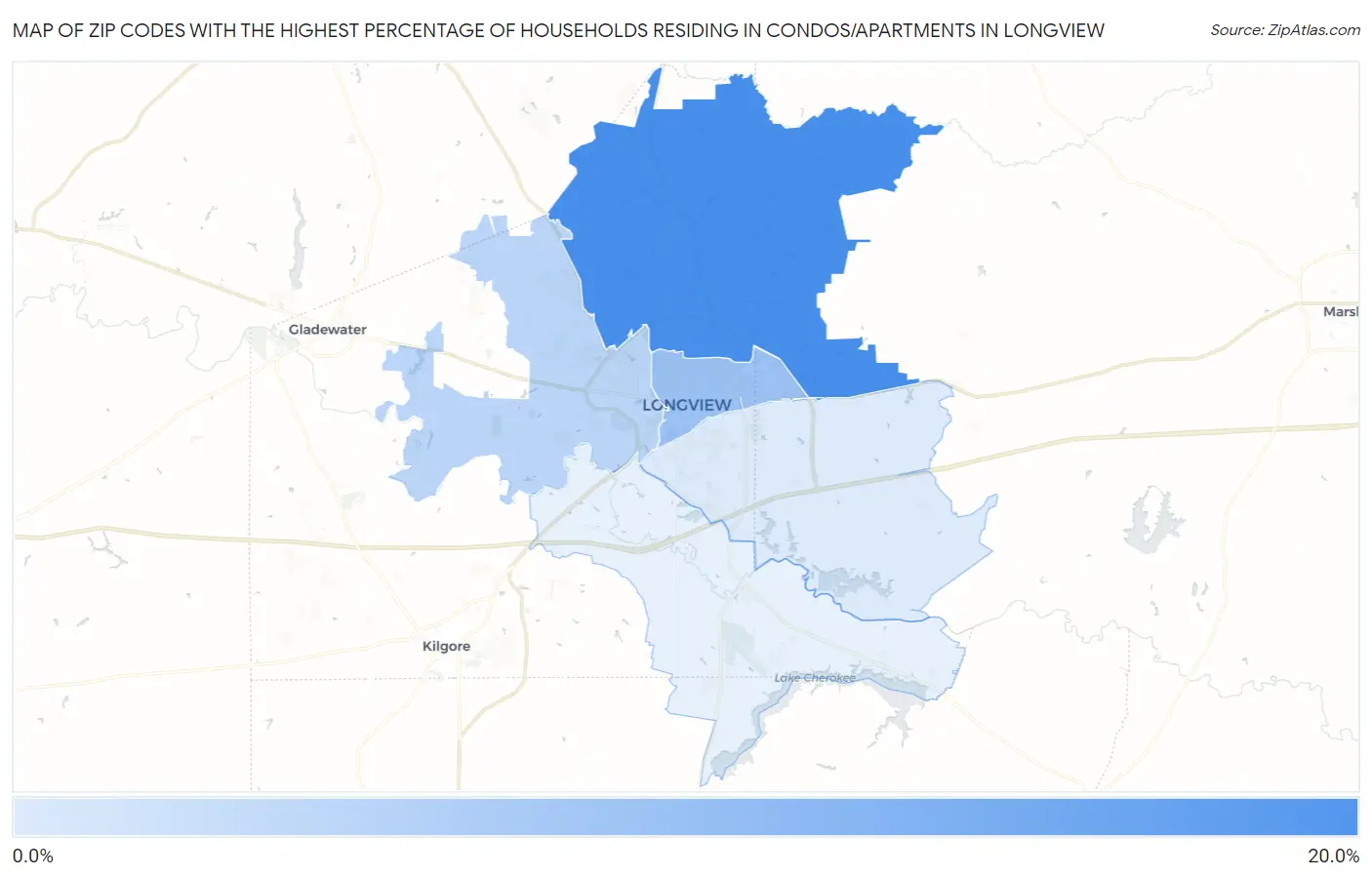 Zip Codes with the Highest Percentage of Households Residing in Condos/Apartments in Longview Map