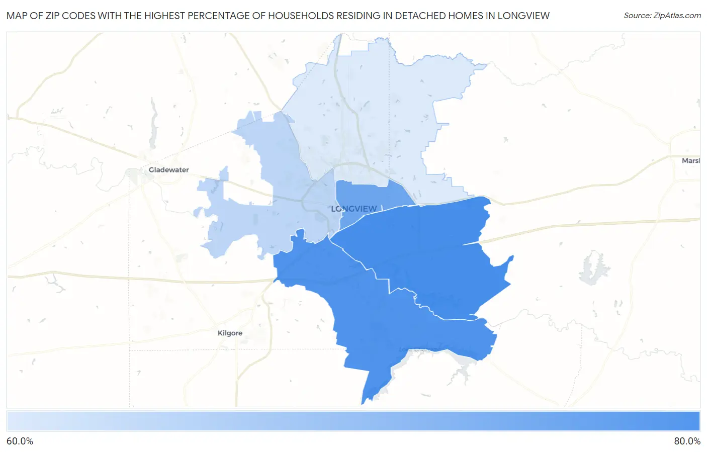Zip Codes with the Highest Percentage of Households Residing in Detached Homes in Longview Map