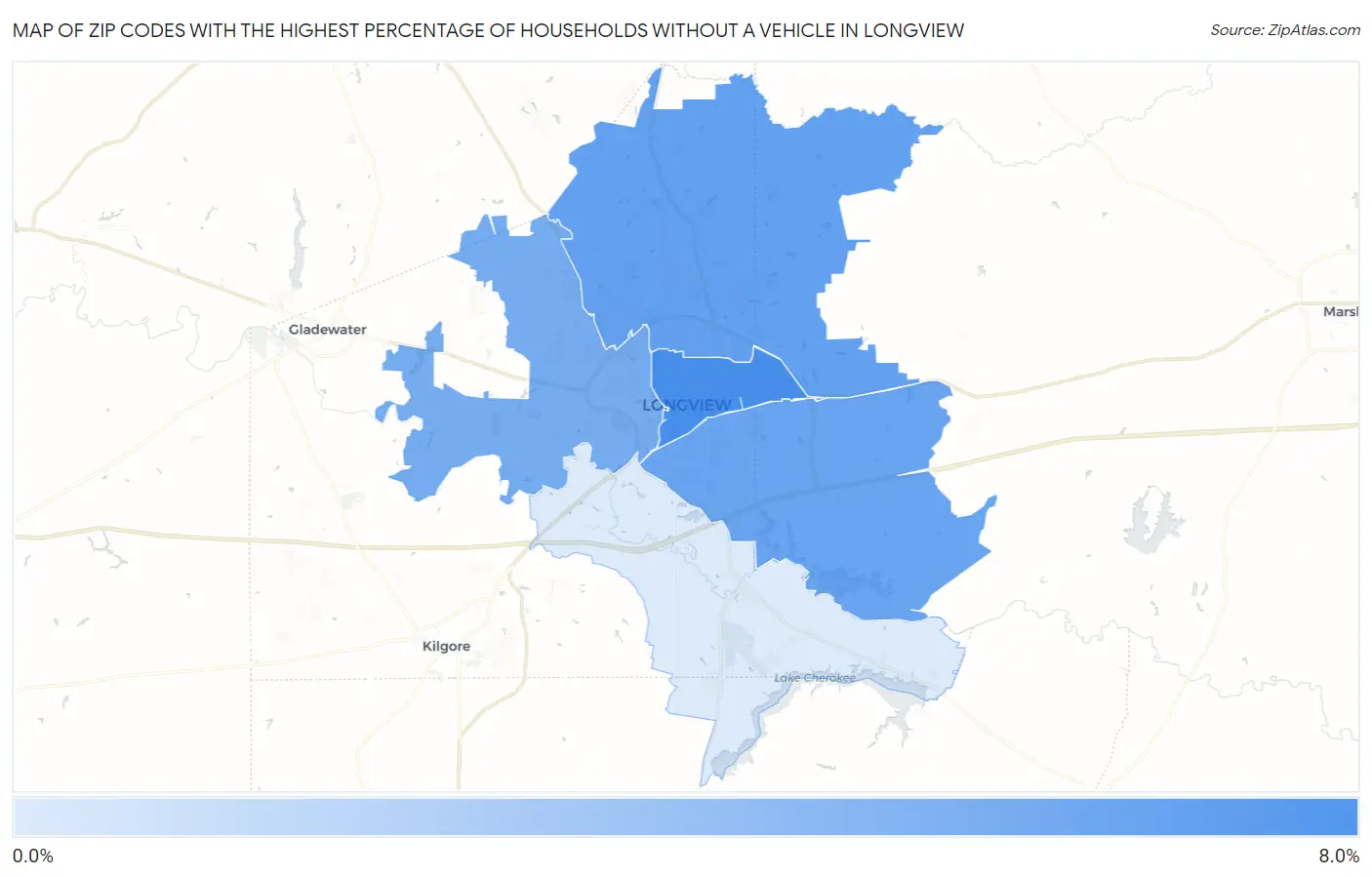 Zip Codes with the Highest Percentage of Households Without a Vehicle in Longview Map