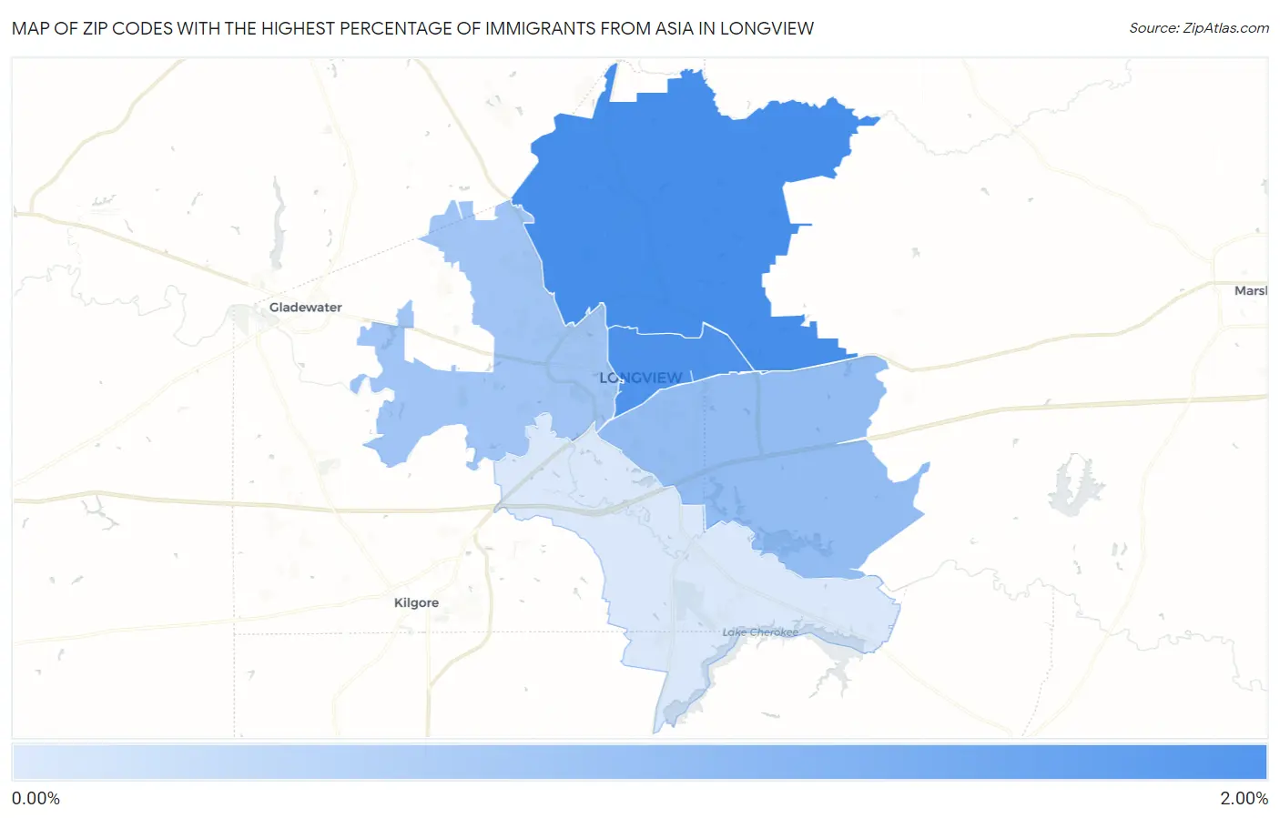 Zip Codes with the Highest Percentage of Immigrants from Asia in Longview Map