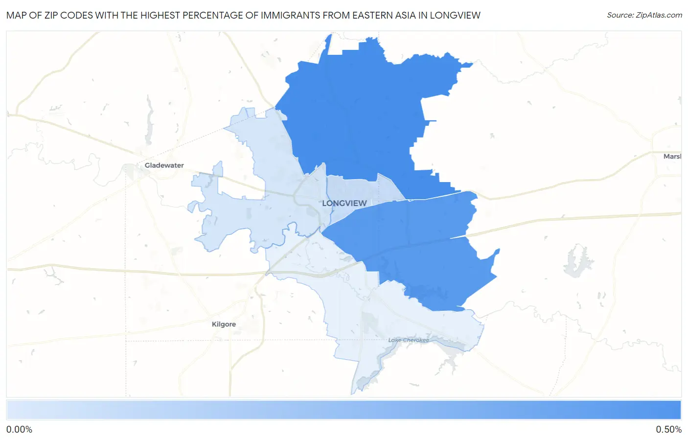 Zip Codes with the Highest Percentage of Immigrants from Eastern Asia in Longview Map